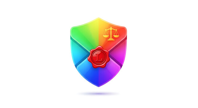A colorful shield with scales of justice and a letter l on a seal against a white background ai generated