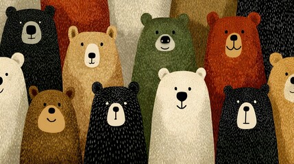 Cute bear characters pattern in various colors and hand-drawn textures. Seamless wildlife illustration for kids textile, wallpaper, and nursery room decor.
