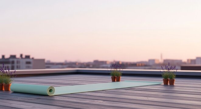 Yoga mat on rooftop with plants against a blurred cityscape background