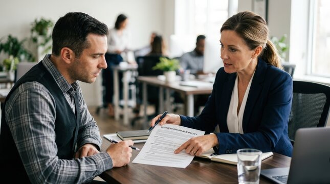 Business insurance consultation captured in a medium shot the agent pointing to key points on the printed policy paper in clear focus with the rest of the office out of focus.