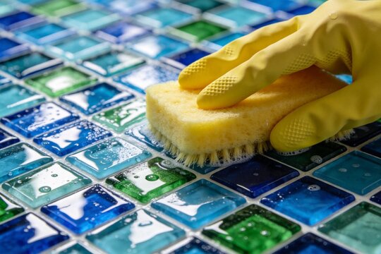 Hand cleaning mosaic tiles with sponge