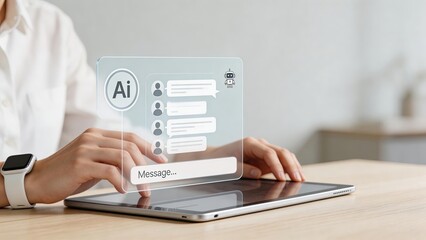 Fototapeta premium Woman using tablet with futuristic AI chat interface artificial intelligence concept virtual assistant smart technology digital communication innovation modern business automation