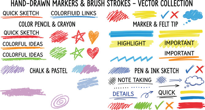 Colorful hand drawn marker brush strokes and highlight pen textures.