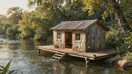 Obraz premium Rustic Wooden Boathouse on Riverside at Golden Hour