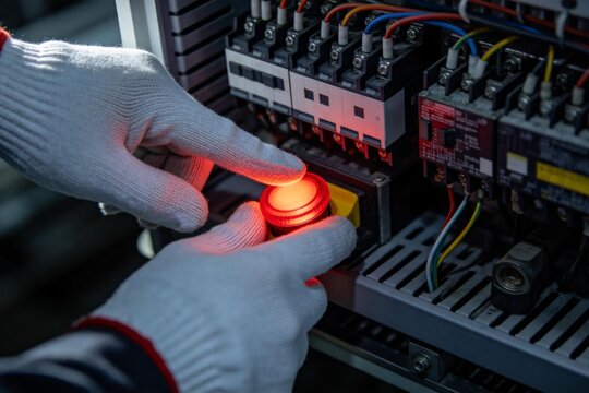Person pressing red button on electrical panel