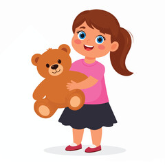 Fototapeta premium A young girl happily holds a large brown teddy bear in her arms.
