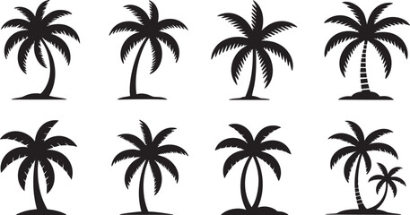 Fototapeta premium Nine black palm tree icons on white background with icon set, background
