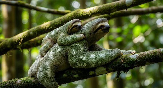 Mother and Baby Two-Toed Sloths in Lush Tropical Rainforest