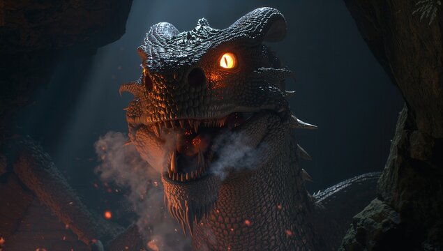 Fierce dragon face with sharp teeth and glowing elements representing danger power and cinematic fantasy scene