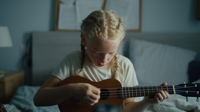 Young girl with braided hair playing ukulele in her bedroom at dusk