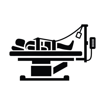 Medical traction bed icon, patient lying on orthopedic hospital table with spinal decompression equipment, black and white vector illustration for physical therapy clinics
