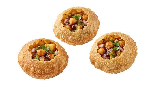 Traditional Indian Pani Puri street food, crispy golden Golgappa snacks with chickpea filling, spicy stuffed Puchka appetizers for restaurant menu isolated PNG with Transparent Background