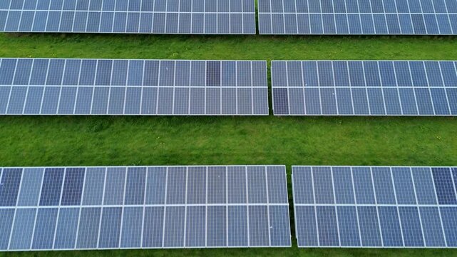 Aerial close up of photovoltaic panels at Packington Solar Farm in Leicestershire UK