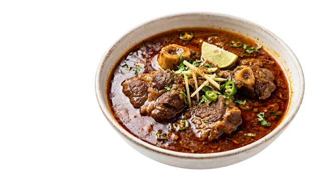 Traditional beef nihari stew in ceramic bowl, spicy pakistani slow cooked meat curry with ginger and lime, authentic indian mutton gravy with bone marrow isolated PNG with Transparent Background