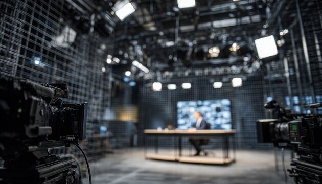 Modern television studio with black metal mesh walls, professional lighting, and a central desk for broadcasting and production activities