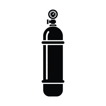 Industrial gas cylinder icon, black oxygen tank vector with pressure gauge, compressed air bottle silhouette for welding and medical equipment, isolated flat design