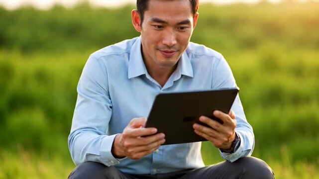 Man using tablet outdoors in nature.