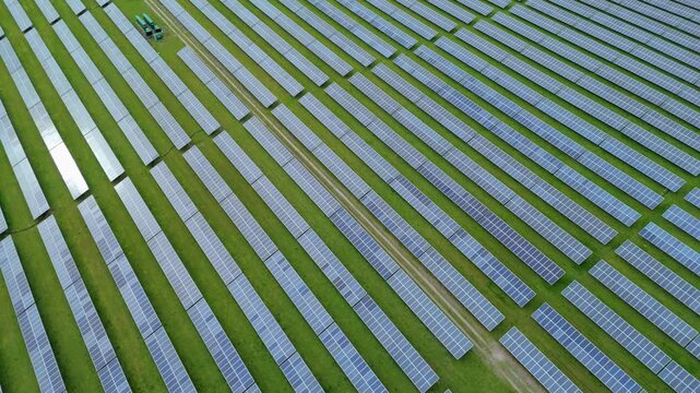 Aerial close up of photovoltaic panels at Packington Solar Farm in Leicestershire UK