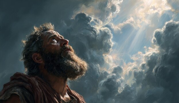 Moses looking animated movie at the sky with clouds and light illuminating his face, reverent expression in a cloudy atmosphere