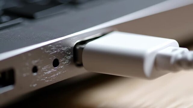 White USB cable plugged into a laptop port