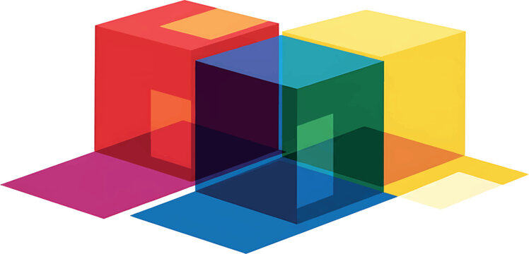 Abstract composition of three overlapping translucent colorful cubes