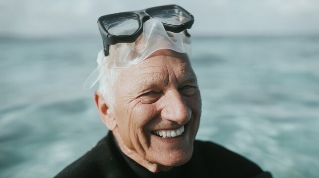 Smiling senior man with snorkel mask on his forehead enjoying the ocean water