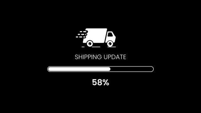 Loading animation of a delivery truck with shipping update animation isolated on black background