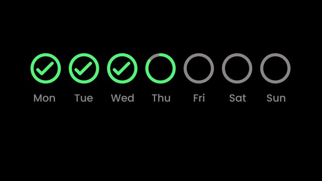 Seven days of the week, each marked with a tick sign animation isolated on black background