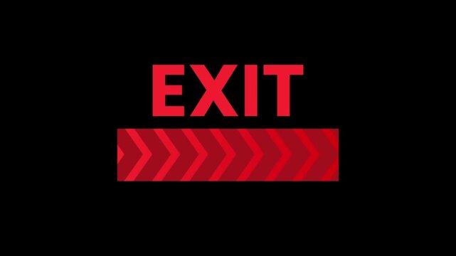 Bold red exit text sign arrow animation isolated on black background