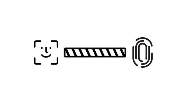 Transition between biometric facial scanning and fingerprint identification animation isolated on white background