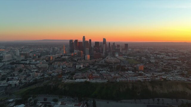 4K Drone Hyperlapse of Downtown Los Angeles Skyline at Sunset to Blue Hour &ndash; LA Cityscape, Dusk Skyline, California Urban Aerial View