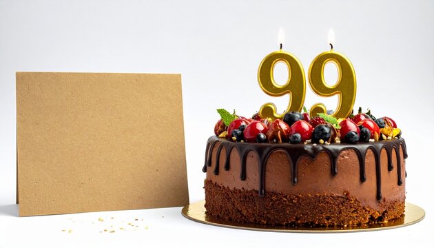 Birthday cake with number 99 candle and blank card with room for own message