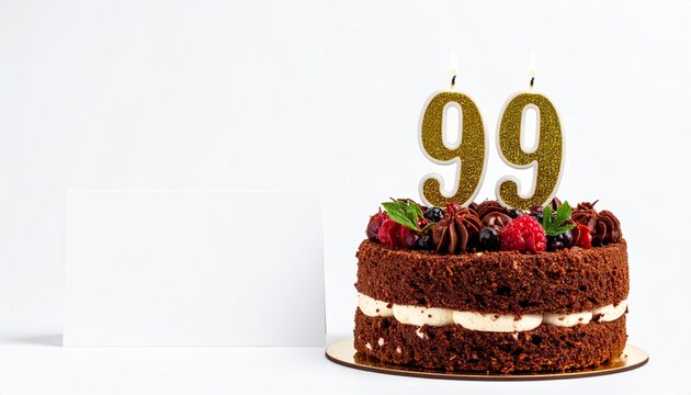 Birthday cake with number 99 candle and blank card with room for own message