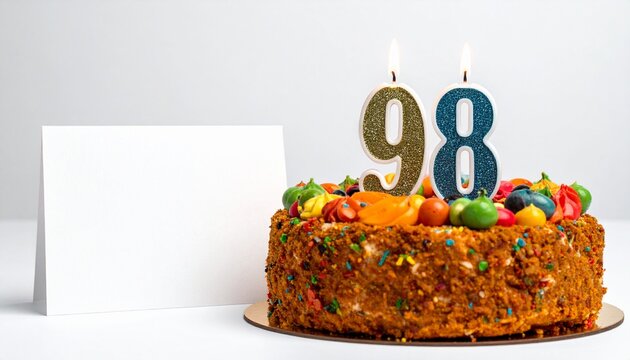Birthday cake with number 98 candle and blank card with room for own message