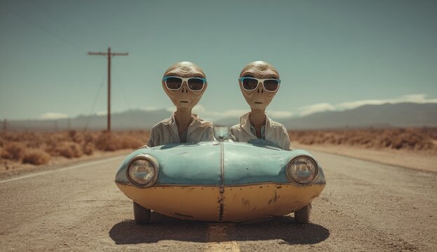 Two cartoon-style aliens with large heads and sunglasses sitting in a vintage car on a desert road
