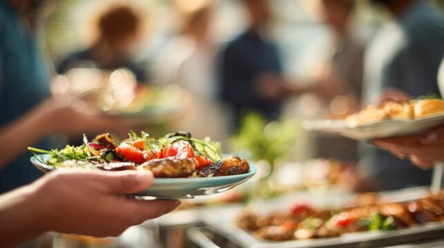 Group of diverse people at an office party reaching for assorted food on buffet table