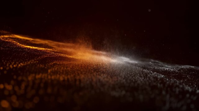 Warm amber particles mixed with cool silver dust creating gentle magnetic field patterns that pulse softly, subtle attraction and repulsion motion, clean dark space, smooth orbiting camera