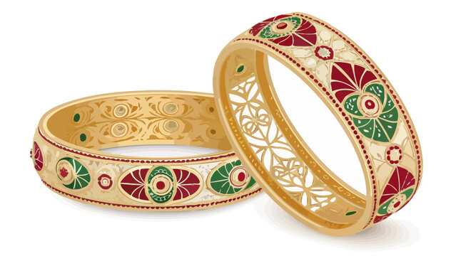 Intricately designed gold bangles with floral patterns and vibrant red green enamel details traditional indian jewelry