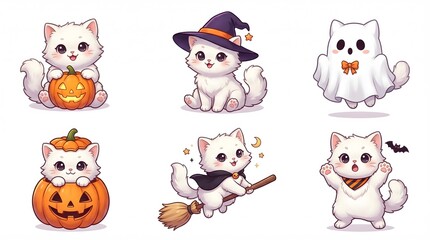 Obraz premium Adorable white cats in Halloween costumes and spooky decorations
