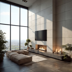 Obraz premium Modern living room interior with large window, beige sofa, fireplace, candles, indoor plants, city view, and warm sunlight ambiance