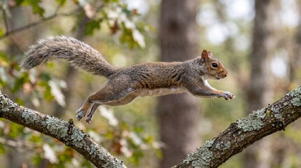 Fototapeta premium A squirrel jumping between tree branches.