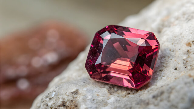 A ruby spinel gemstone resting on a textured rock surface