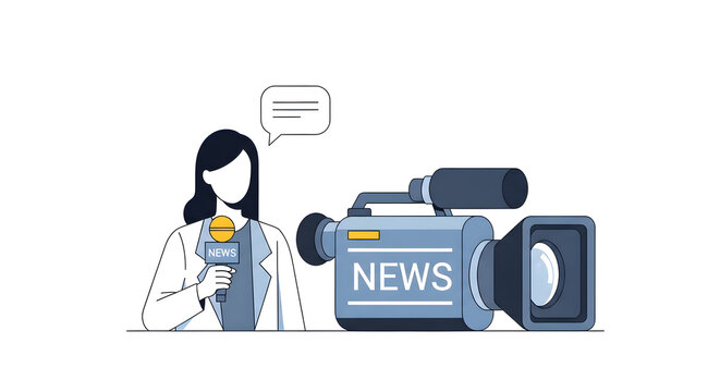 Flat Illustration of Female News Reporter with Camera and Microphone.
