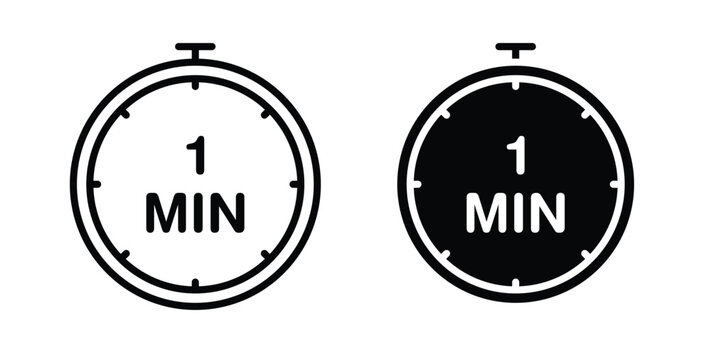 1 minute icon in black and white color. Solid and linear icons