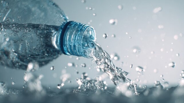 Water pouring from a plastic bottle with splashes and droplets captured in motion, clear and refreshing fluid imagery