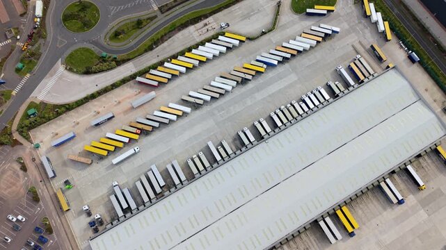 op down aerial view of HGV trailers at Appleby Magna logistics hub