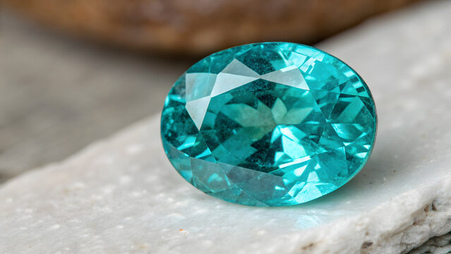 Close up of an oval cut Paraiba tourmaline gemstone