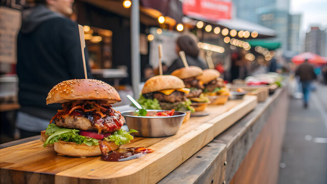 Close up view of artisan burgers served on a wooden board