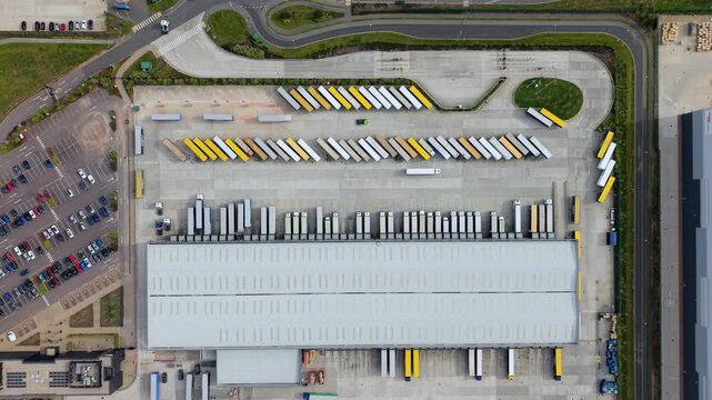 op down aerial view of HGV trailers at Appleby Magna logistics hub