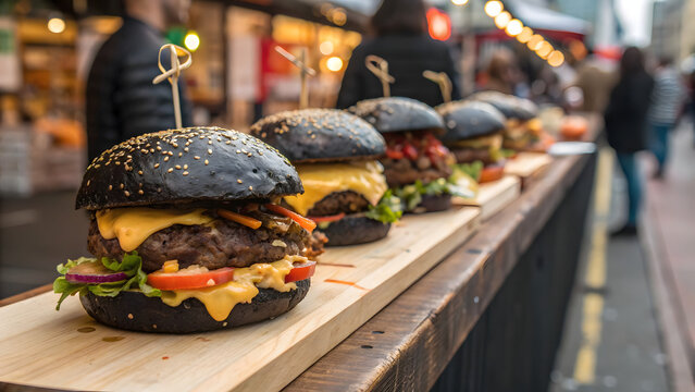 Gourmet black beef burgers lined up on a wooden counter